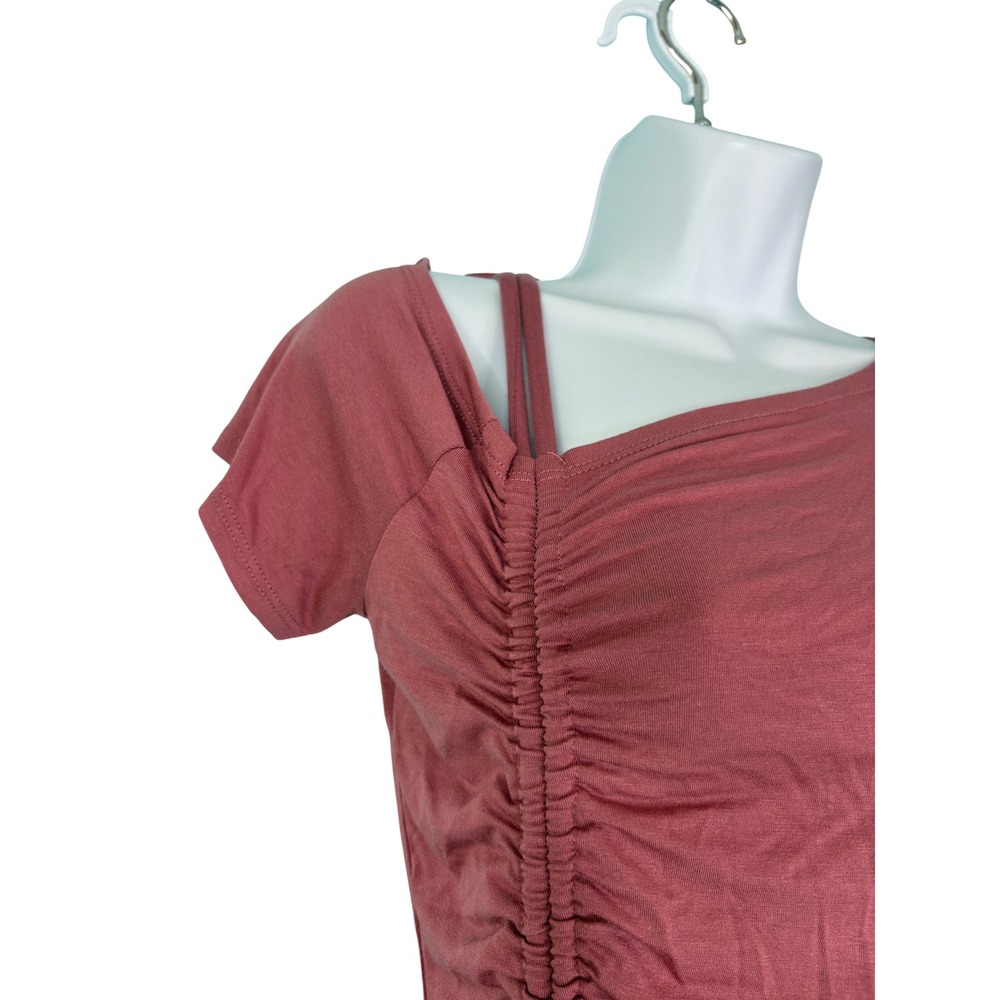 CBRAND Dusty Pink Ruched Asymmetrical Mini Dress Medium Bodycon Festival Boho - Picture 4 of 9